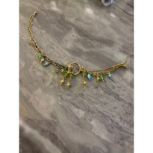 Gold Tone Multi Strand Charm Bracelet with Blue and Green Beads